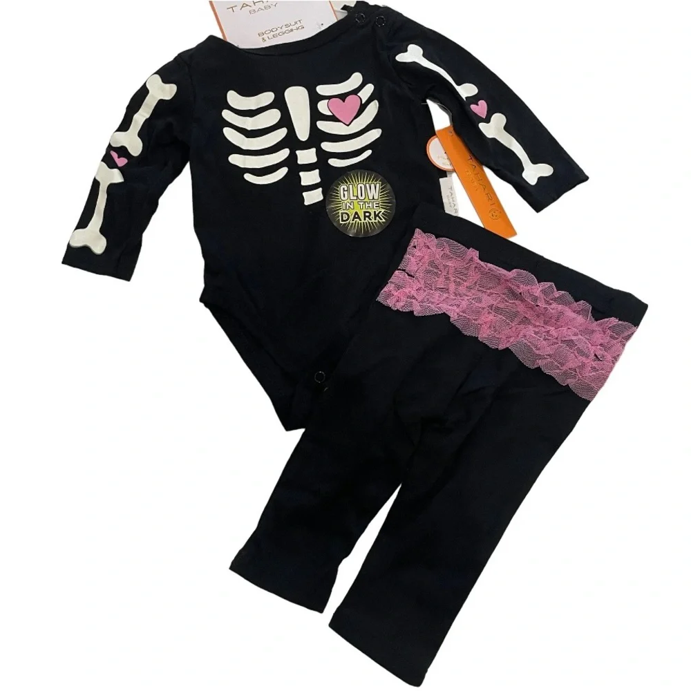 NEW Tahari Baby Girls Glow In The Dark Skeleton Bodysuit Leggings Set Black 6-9M